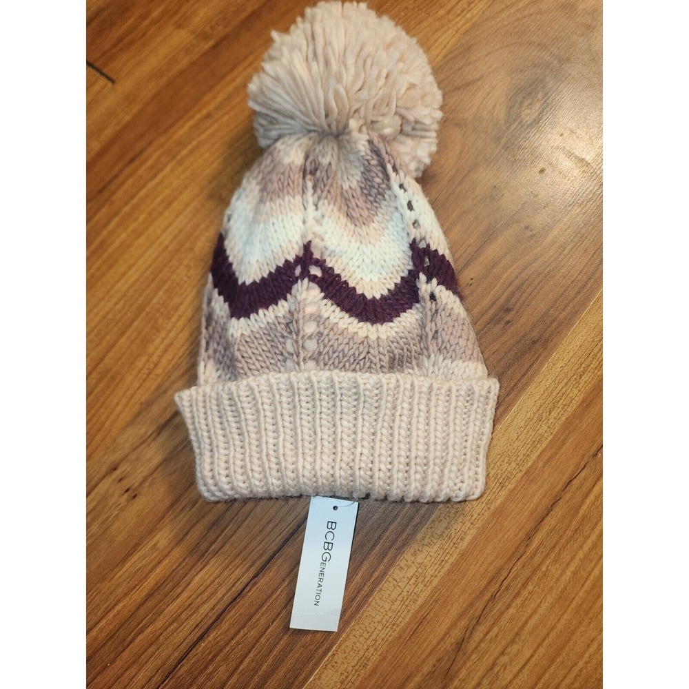 BCBGeneration Women Maroon Red Burgundy Tan Pom Pom Beanie Hat Knit Cuffed